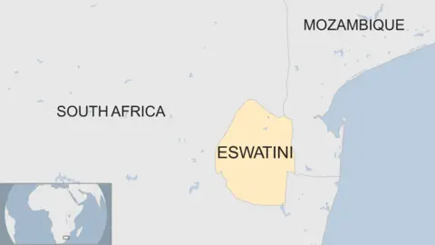 Map showing the location of eSwatini in relation to South Africa and Mozambique