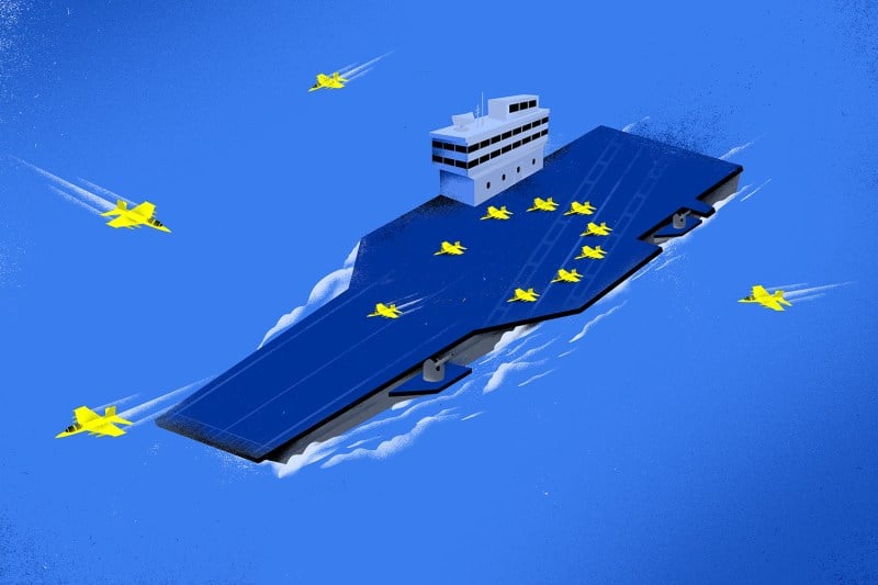 An illustration shows a blue aircraft carrier in open water and yellow fighter jets, echoing the stars of the European Union flag, arriving and departing the aircraft carrier.