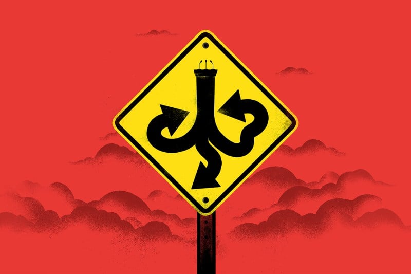 An illustration shows a road sign with a podium symbol becoming a series of arrows pointing in many directions against a red background with clouds gathering.