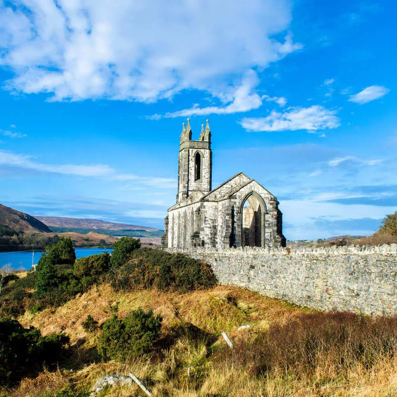 Picturesque Stone Church Called Glen Church Overlooking A Lough, Or Lake, In Donegal, Far North Of Ireland