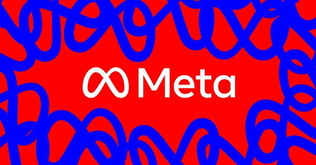 Image of Meta’s wordmark on a red background.