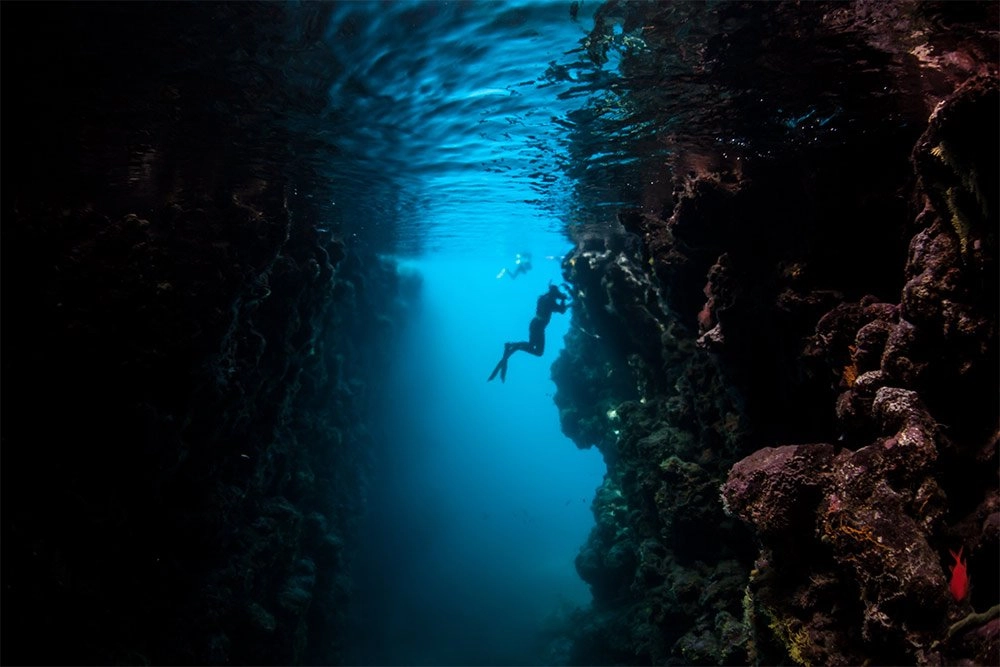 A snorkeler explores a dark grotto in the Solomon Islands. Coral reefs in this Melanesian region are exceedingly diverse in terms of habitats. 