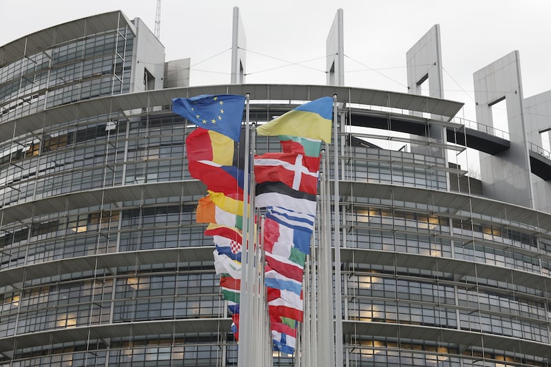 European flags fly outside the European Parliament in Strasbourg, eastern France (Jean-Francois Badias/AP)