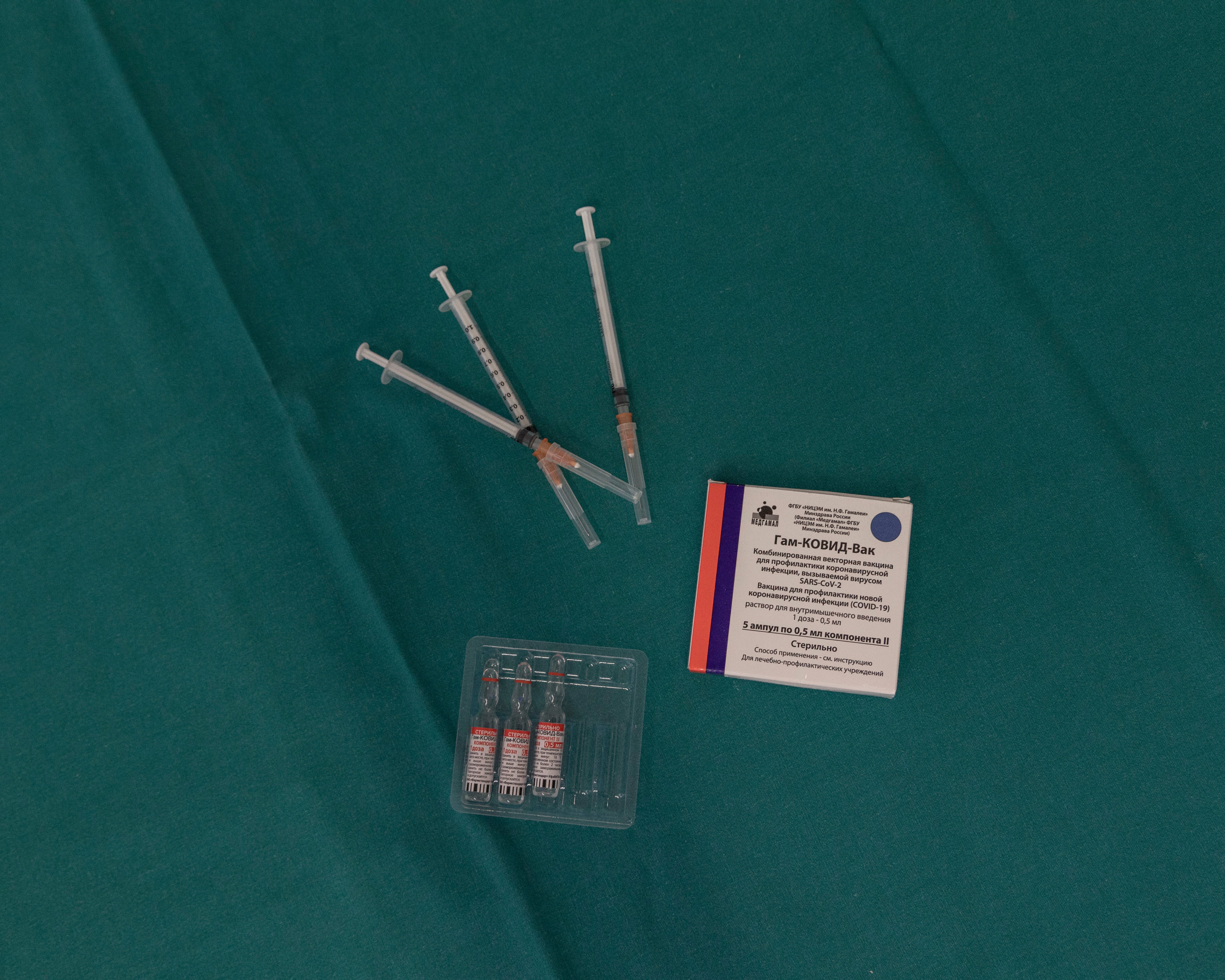 Sputnik V vaccine supplies are unpacked on the ground floor of the hospital