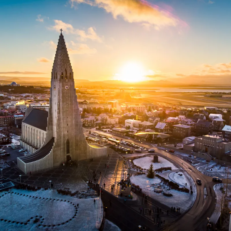 sunrise over reykjavik in iceland with the hallgrimskirkja church in view