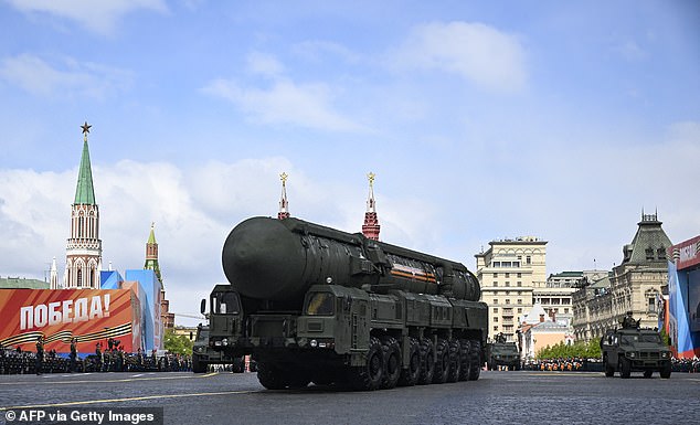 A Russian Yars intercontinental ballistic missile launcher rolls on Red Square during the parade