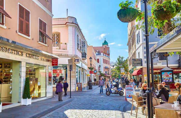 A shopping street in Old Town, Gibraltar City.