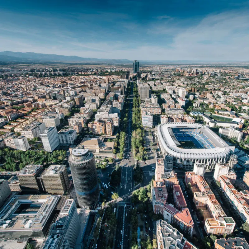 aerial shot of madrid including real madrid soccer stadium