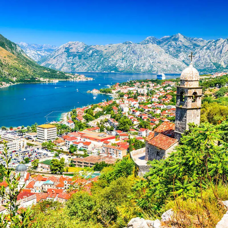 View Of Kotor Bay In Kotor, Montenegro, From The Fortress, Southeastern Europe