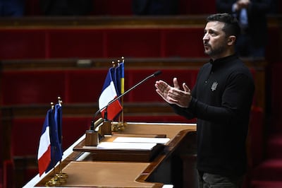 Ukraine’s President Volodymyr Zelenskyy at the National Assembly in Paris, where he thanked France for its support. AFP
