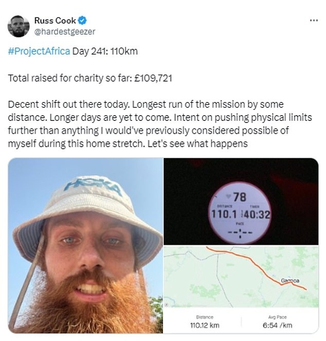 Day 241 was the longest run of his marathon, covering 110km (68 miles)