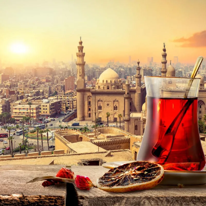 a red cup of hibiscus tea sits overlooking the city of Cairo Egypt