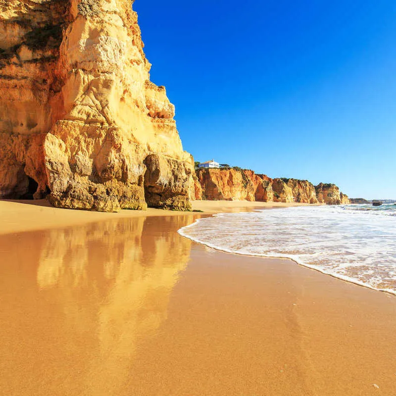 Golden Sand Beach Praia da Rocha In Portimao, A Resort City In The Algarve, Southern Portugal, Southern Europe