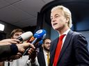 Leader of the Party for Freedom (PVV) Geert Wilders speaks to the press after a meeting with Speaker of the House at the House of Representatives in The Hague, on Nov. 24, 2023.