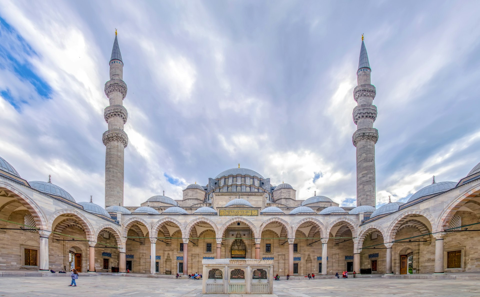 The tall minarets rise from the Suleymaniye Mosque on the Third Hill of Istanbul.