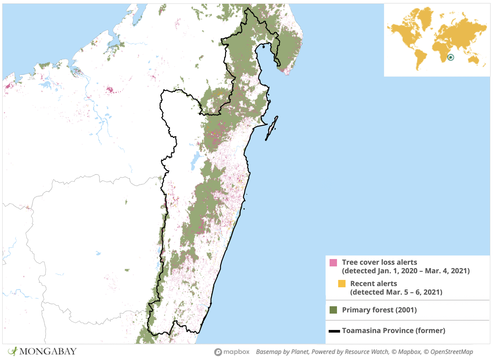 Satellite data show the area comprising the former province of Toamasina experienced a surge in deforestation in 2020.