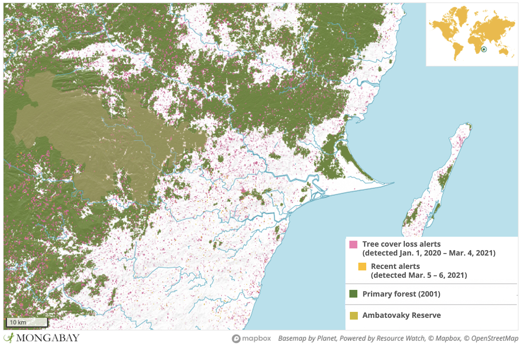 Satellite data from the University of Maryland show Ambatovaky experienced a surge in deforestation in 2020.