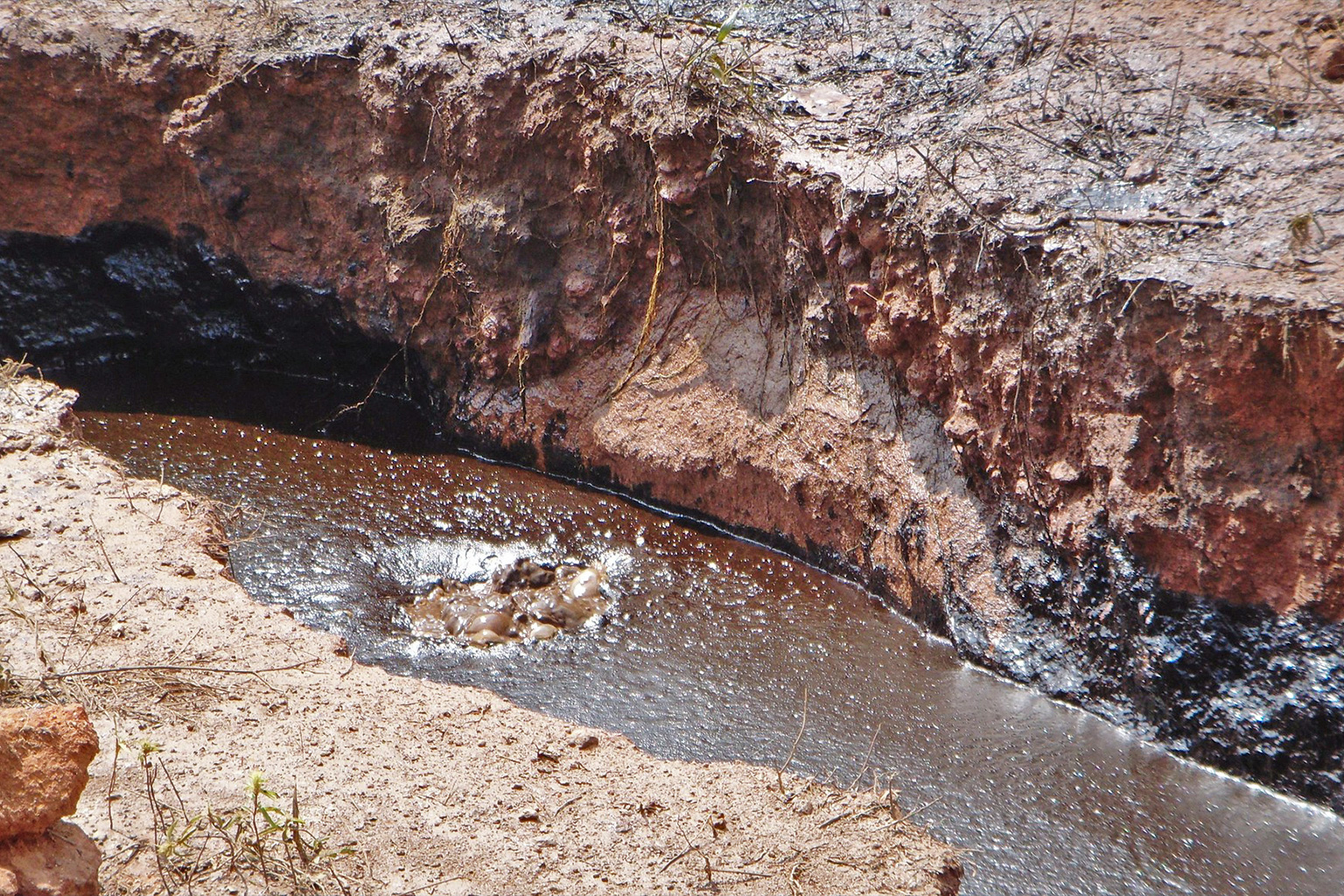Image shows a pipeline leakage and oil spill in southern Chad.