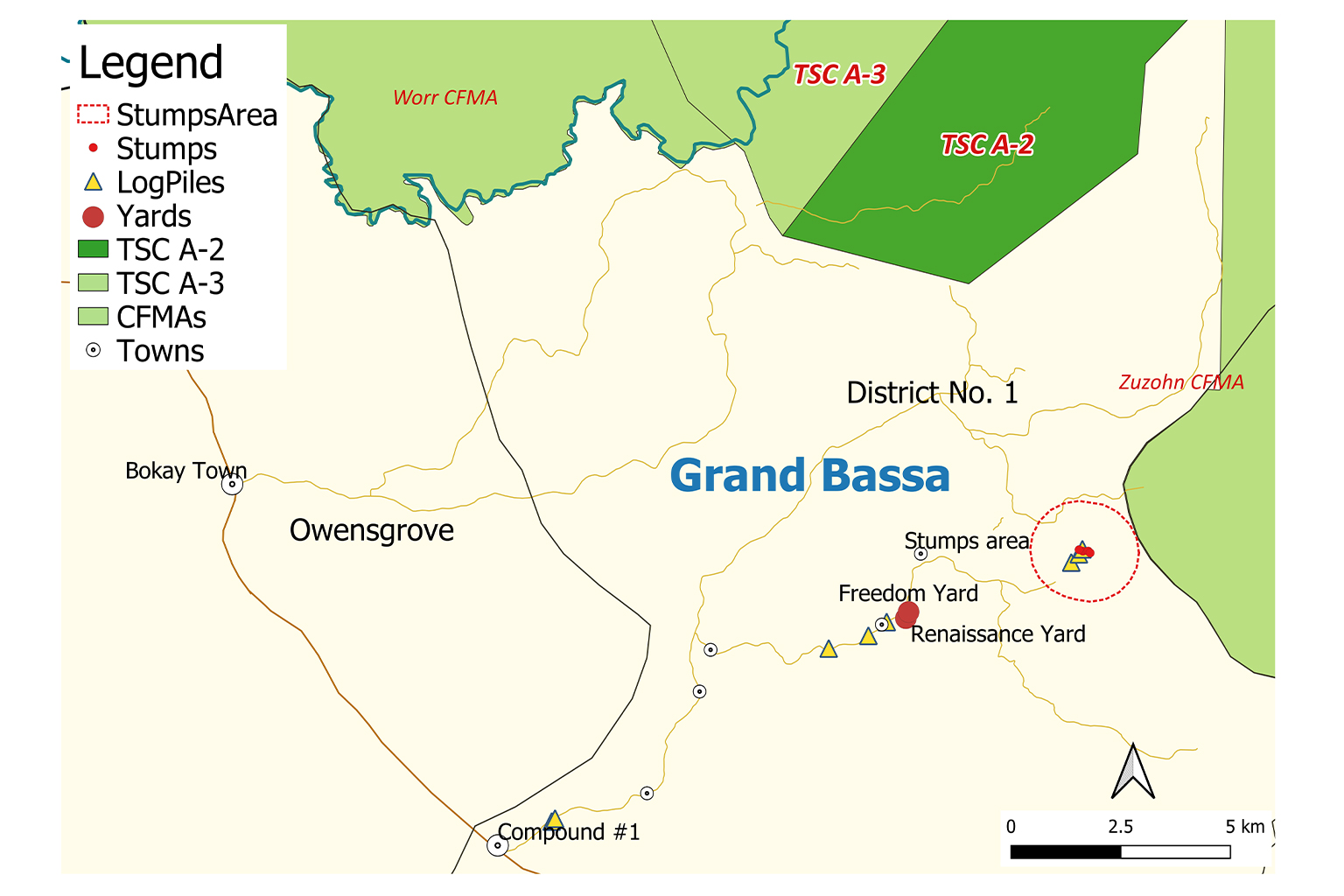 Map of TSC-A2 and other concessions in Grand Bassa County, Liberia. Courtesy Independent Forest Monitoring Coordination Mechanism (IFMCM)