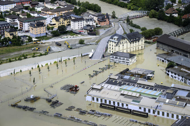 A view of the Rhone River and the Navizence River following the storms that caused major flooding, in Chippis, Switzerland, June 30, 2024.