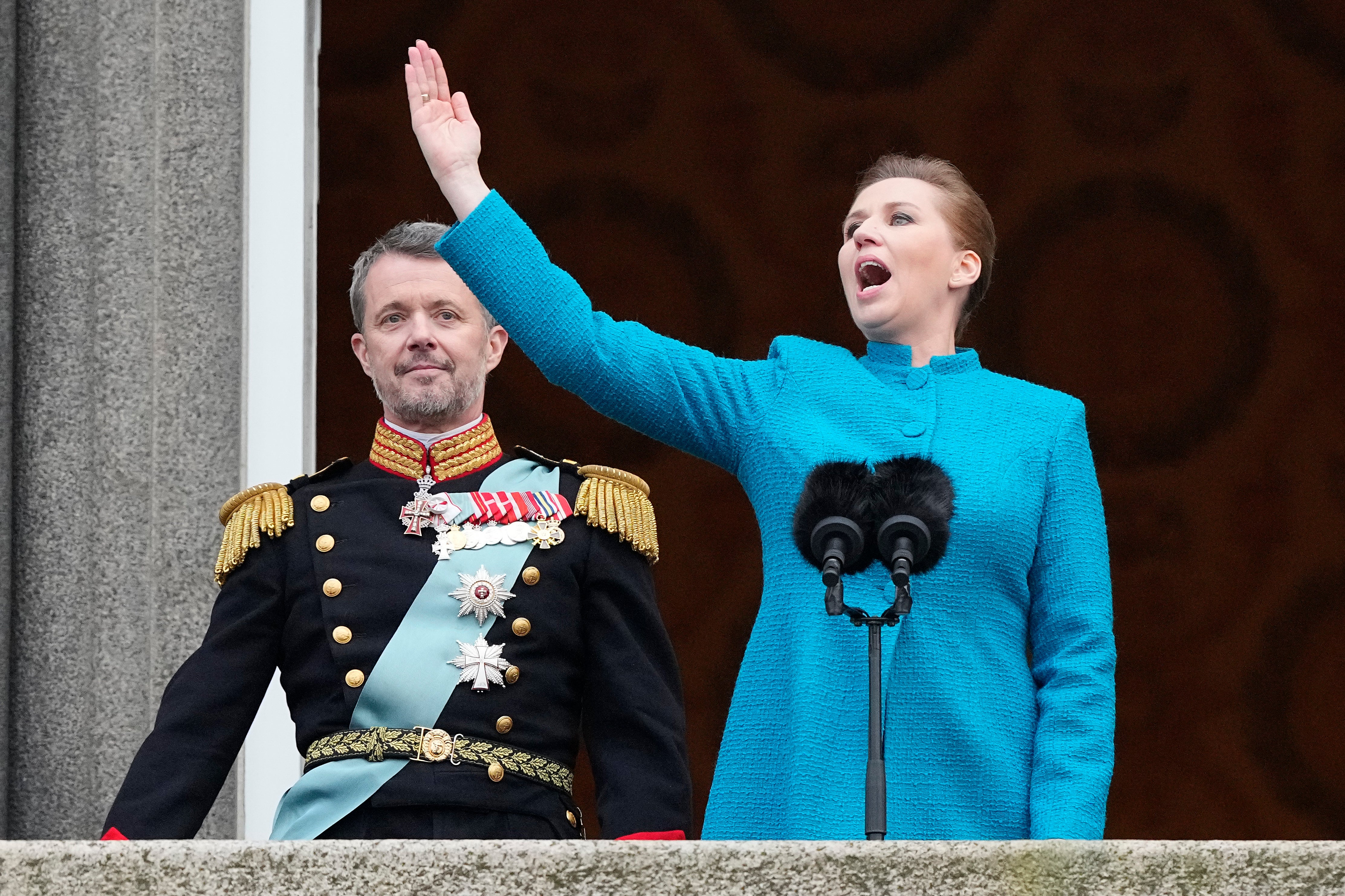 Danish PM Mette Frederiksen proclaims King Frederik X as the new king from the balcony of Christiansborg Palace in Copenhagen