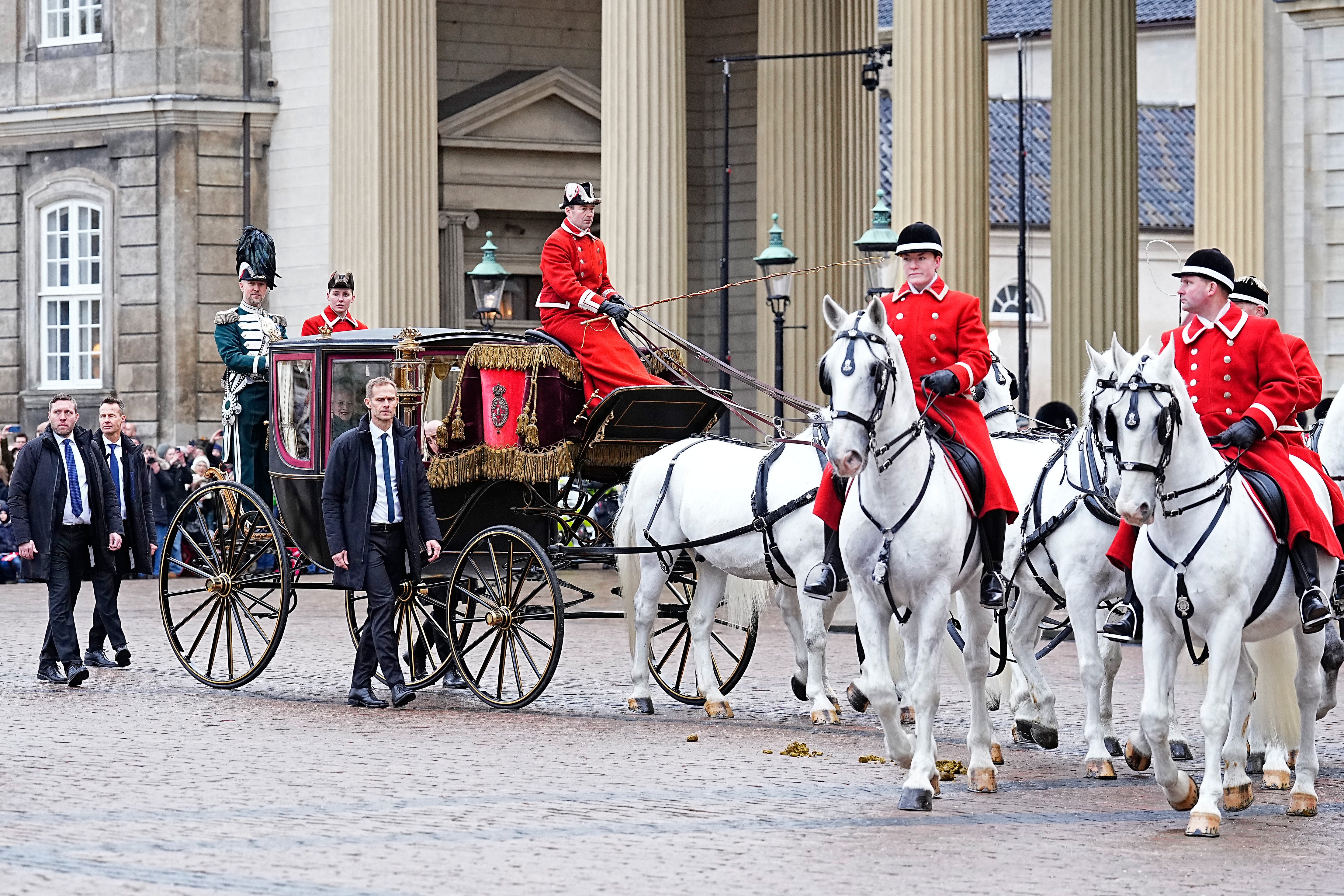 Queen Margrethe II of Denmark leaves for the proclamation of King Frederik X and Queen Mary of Denmark at Amalienborg Palace Square