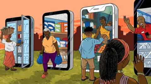 An illustration shows four people engaging in various shopping activities using giant smartphone screens as doorways. On the far left, a woman carries a basket on her head while opening a refrigerated section of a phone. Next, an older woman walks out of a phone carrying shopping bags. In the third phone, a young man picks fresh produce handed to him by a vendor. On the far right, a man in a red shirt, possibly a store employee, smiles and waves from behind another smartphone screen. The scene is set against an orange sky and grassy ground