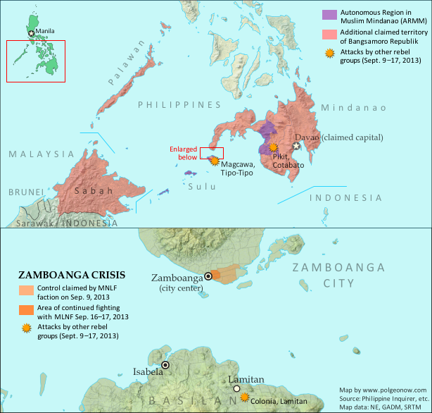 Map of territory in the Philippines and Malaysia claimed by the Bangsamoro Republik, plus territorial control by the Moro National Liberation Front (MNFL) during last month's Zamboanga crisis.
