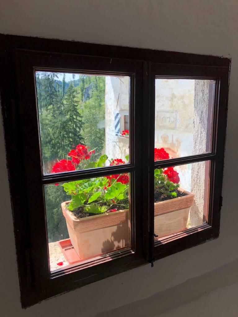 Red geraniums on the windowsill at Predjama Castle