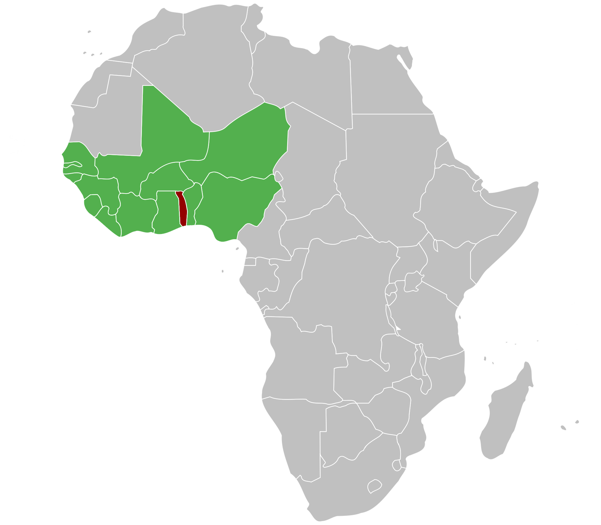 ECOWAS countries (green) with Togo (red).