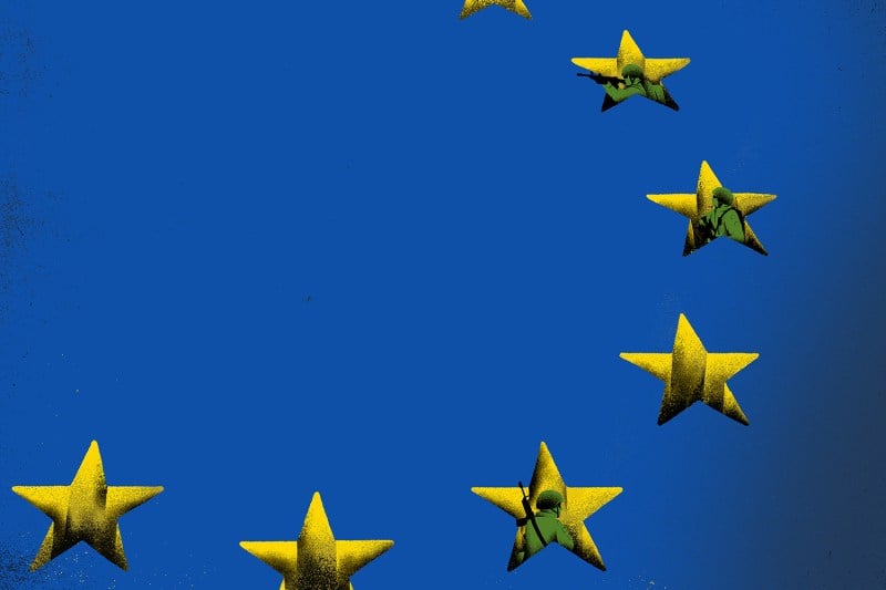 An illustration shows the stars of the European Union flag, some with soldiers inside of them.