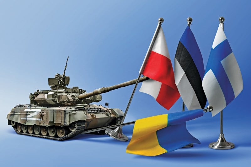 An illustration shows a tank running over the flag of Ukraine and beginning to topple the flags of Poland, Estonia, and Finland.
