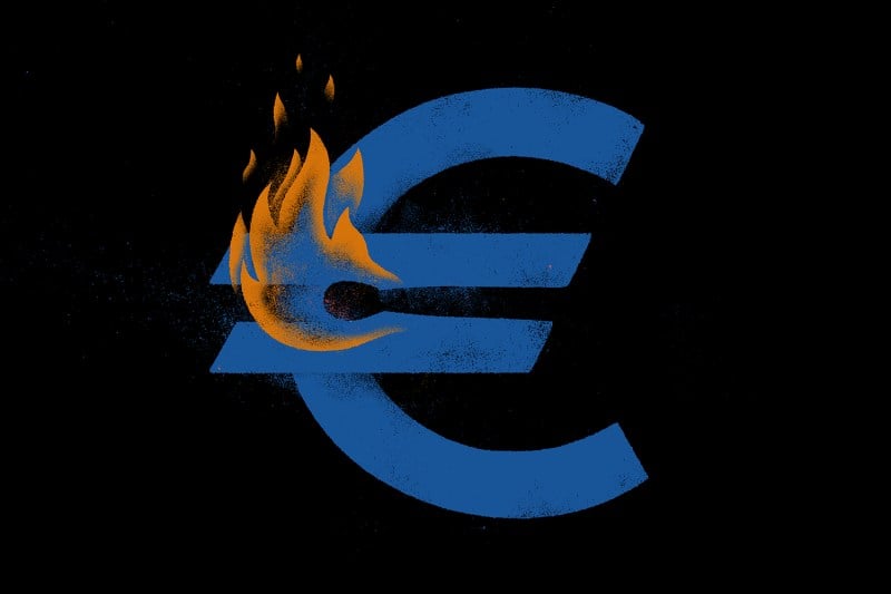 An illustration shows the Euro symbol. The negative space between the two horizontal lines is a matchstick that is on fire.