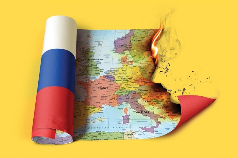 An illustration shows a map of Europe on fire and half burned away, with the Russian flag on the underside of the map.
