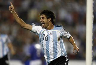 Pablo Aimar celebrates after scoring for Argentina against the United States at the Copa America in 2007.