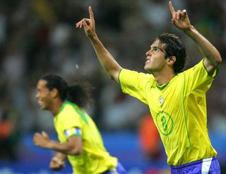 Kaka celebrates after scoring for Brazil in the 2005 Confederations Cup final against Argentina.