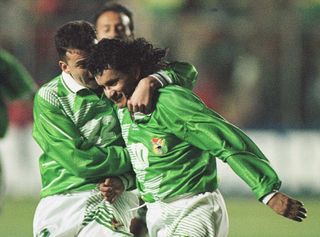 Bolivia's Marco Etcheverry and team-mate Julio Baldivieso celebrate a goal at the Copa America in 1997.