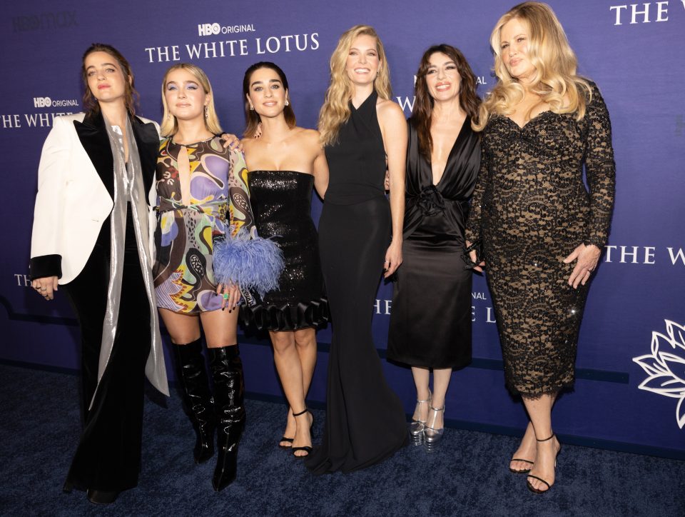 (L-R) Beatrice Grannò, Haley Lu Richardson, Simona Tabasco, Meghann Fahy, Sabrina Impacciatore and Jennifer Coolidge at the Los Angeles Season 2 Premiere of HBO Original Series 