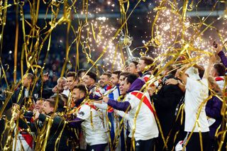 River Plate players celebrate their Copa Libertadores final win over Boca Juniors at the Santiago Bernabeu in December 2018.