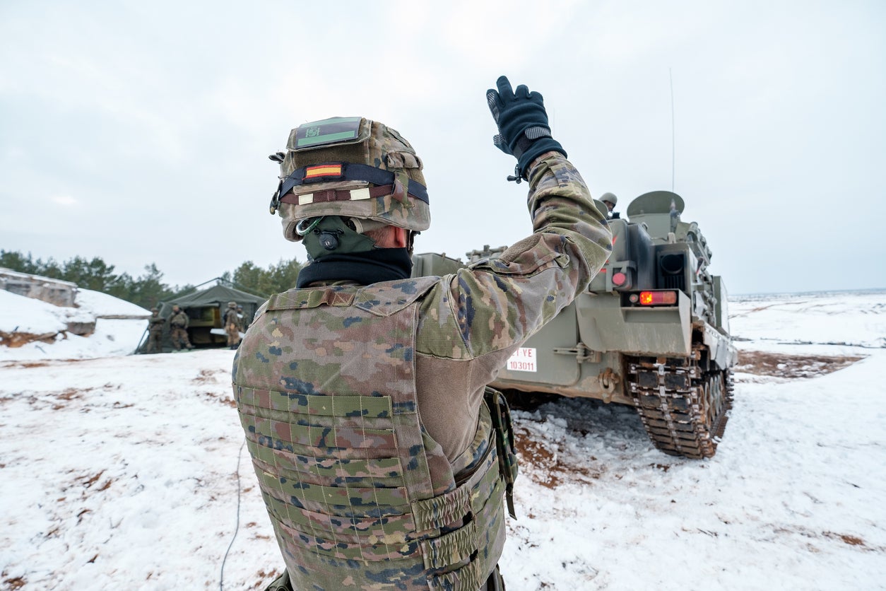 File: Nato forces conduct training exercise with Leopard 2A6 Tanks and fighting vehicles in Adazi, Latvia