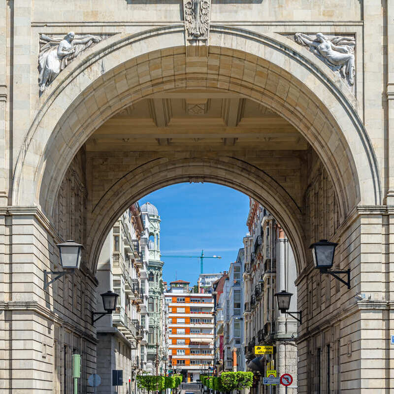 Historic Belle Epoque Archway In The Old Town Of Santander, Spain, Southern Europe