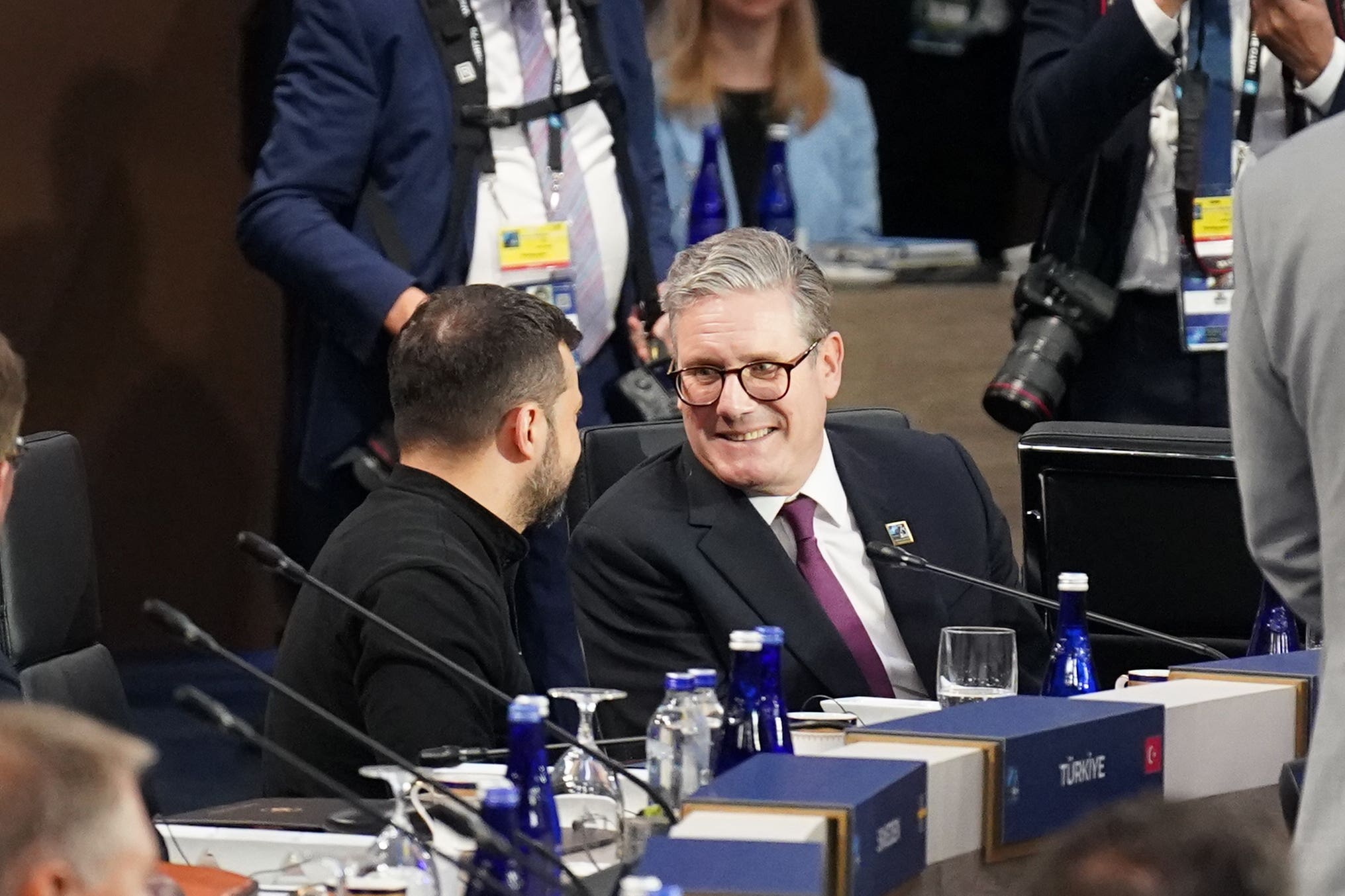 Ukrainian President Volodymyr Zelensky and Prime Minister Sir Keir Starmer chat at the Nato summit this week in Washington